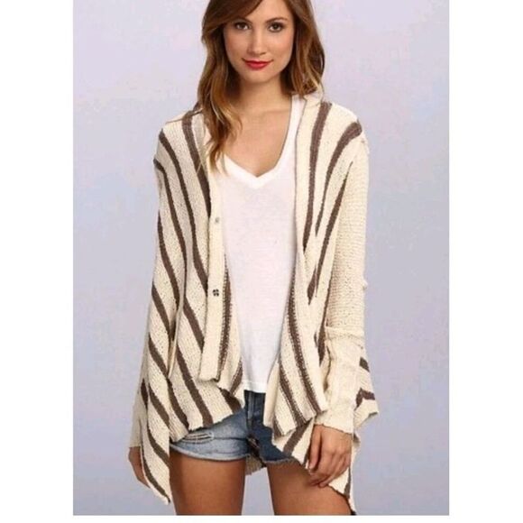 Free People Knit Cardigan Sweater sz S Beige Brown Striped Oversize V-Neck - Picture 1 of 13